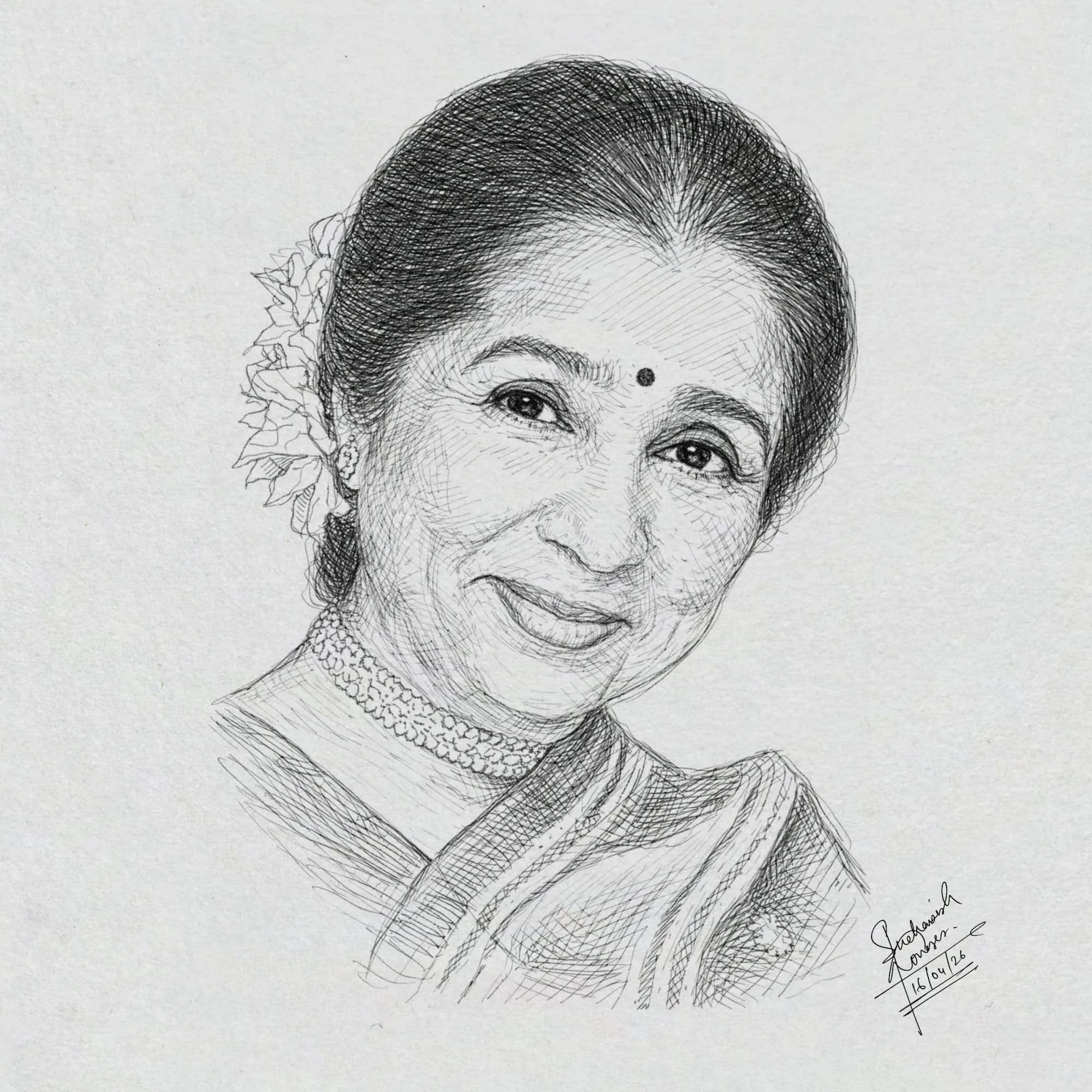 Asha Bhosle — pen-and-ink portraits, graphite — procreate