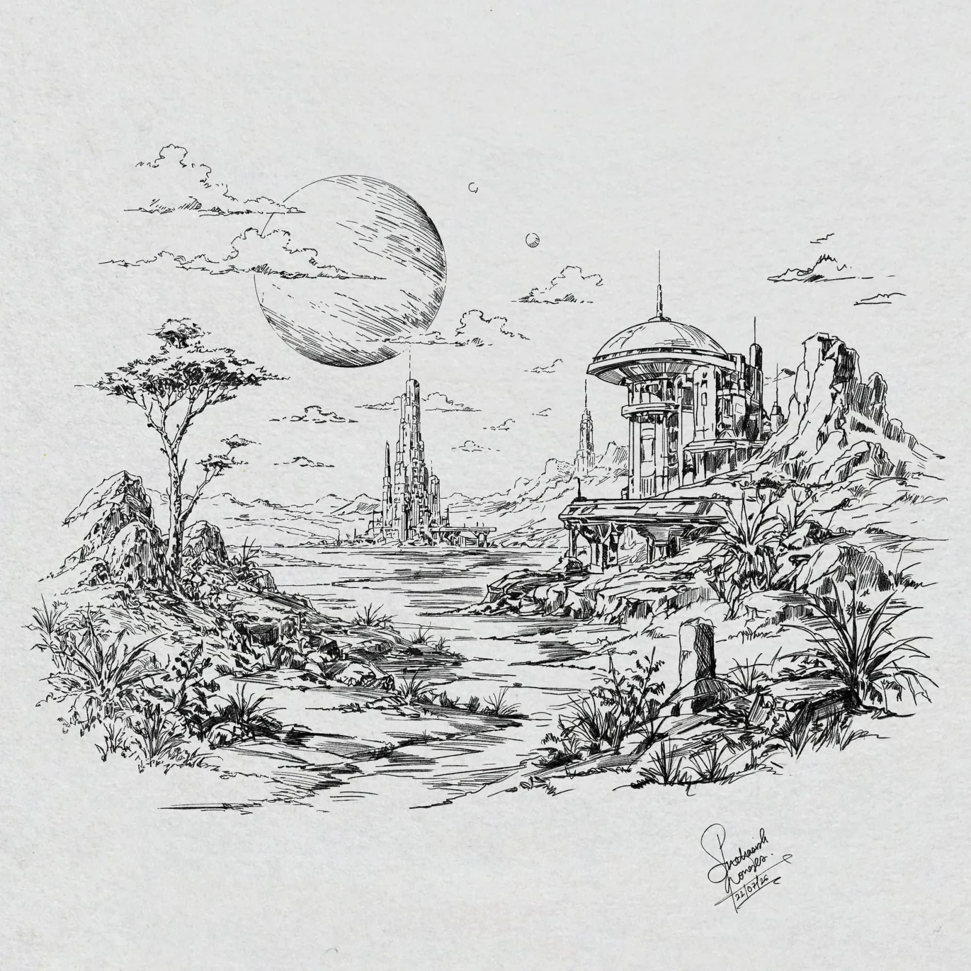 Far Outpost — home decor illustration, ink — procreate