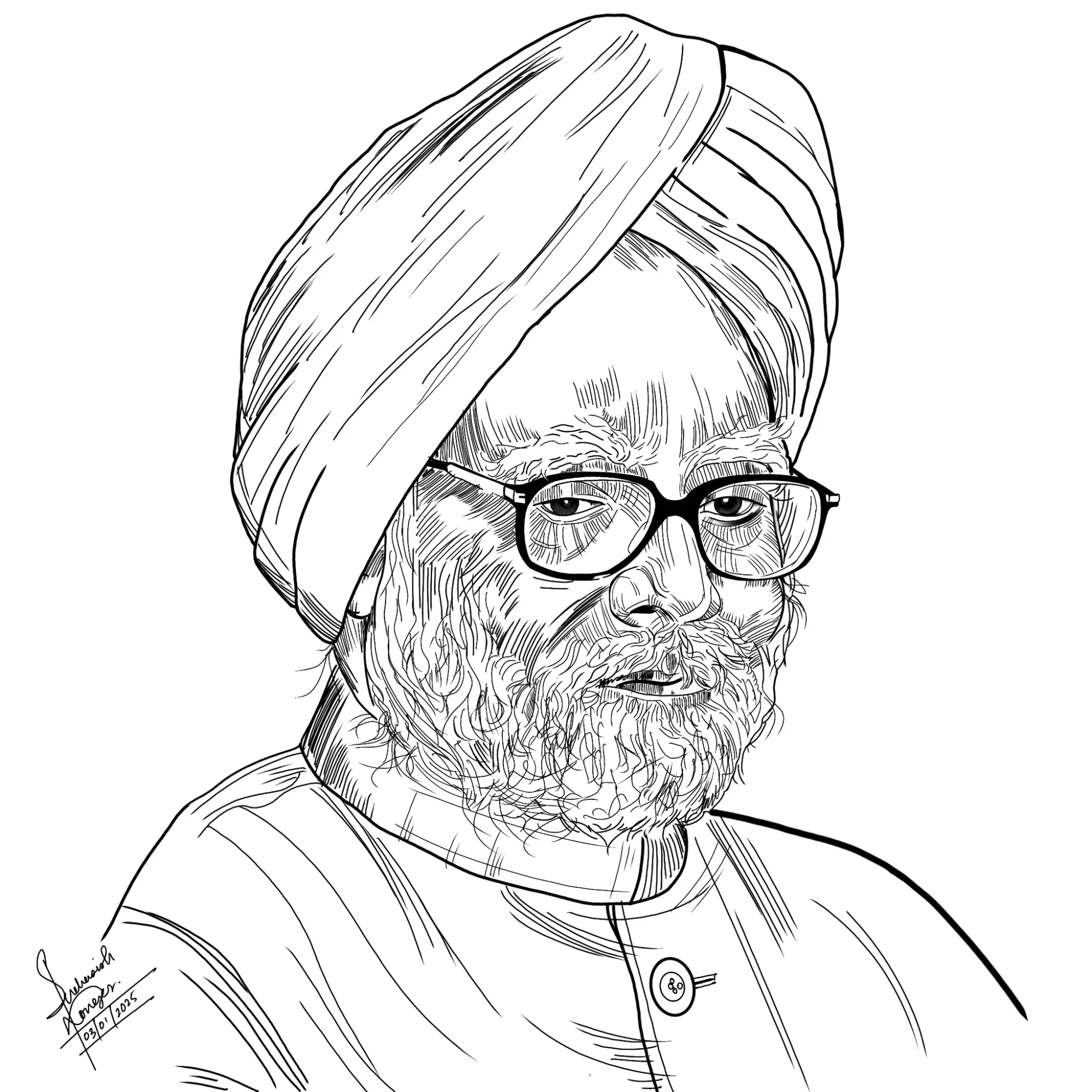 Dr. Manmohan Singh — pen-and-ink portraits, ink — procreate